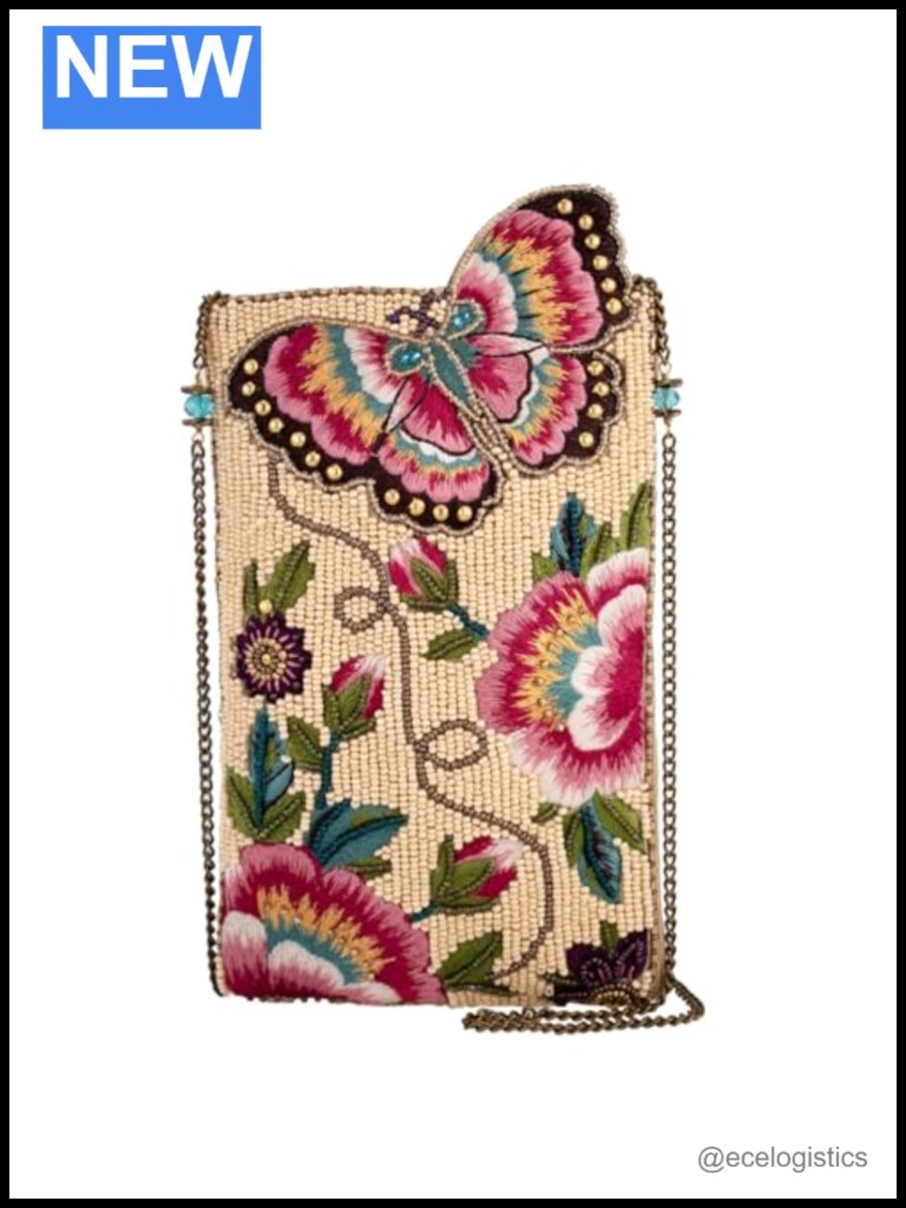 Hand-Beaded Butterfly Garden Crossbody Phone Bag with Removable Chain Strap